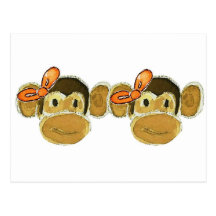 2 monkey heads orange bows post cards