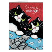 2 Tuxedo Cats and a Xmas Present Christmas Card