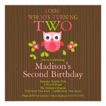 2èmes invitations de fête d'anniversaire de hibou 