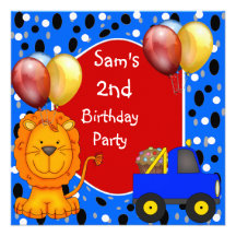 2nd Birthday Spots Lion Truck Cupcake Balloons Personalized Announcement