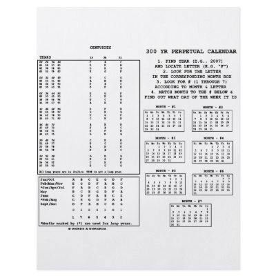 300 Year Perpetual Calendar (Day Of The Week) by wordsunwords