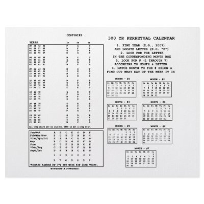 300 Year Perpetual Calendar (Day Of The Week) by wordsunwords