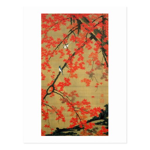 30. 紅葉小禽図, 若冲 Maple & Small Birds, Jakuchū Postcards