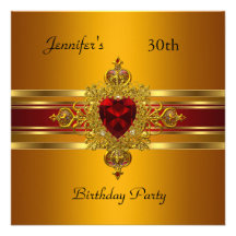 30th Birthday Party Yellow Gold Red Jewel Custom Announcement