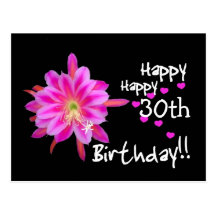 30th Birthday - Pink Tropical Flower and Hearts Postcard