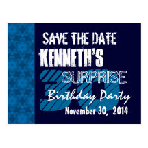 30th Surprise Birthday Save the Date Blue Pattern Postcard