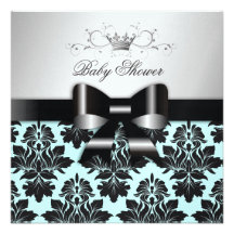 311 Blackberry Blue Damask Black Bow | Baby Shower Personalized Invites