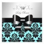 311-Blackberry Blue Damask Black Bow | Baby Shower Personalized Invitation