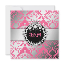 311-Damask Shimmer Queen Sweet 16 Pink Personalized Invites