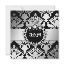 311-Damask Shimmer Queen Sweet Sixteen Black White Personalized Announcements