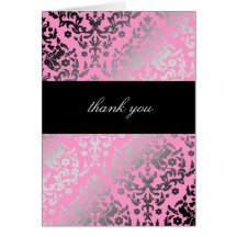 311-Dazzling Damask Thank You Pink Flamingo Greeting Cards