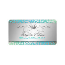 311-Dazzling Damask Turquoise & Lime Black Custom Address Labels