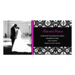 311-HOT PINK DAMASK WEDDING PHOTO CARD