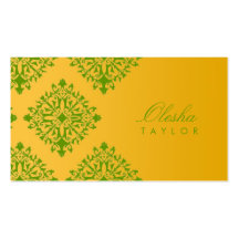 311-Olesha Yellow & Green Damask Vertical Business Card Templates