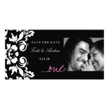 311-White Damask "ONE" Pink Save the Date Photo Card Template