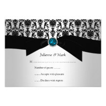3.5x5 Black Silver Damask Turquoise Jewel RSVP Custom Announcement