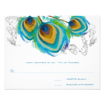 3 Feathers Peacock Birds Wedding Response Card Invite