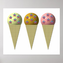3 ice cream cones: Vanilla, chocolate & strawberry Poster