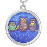 3 Owls Blue Whimsical Necklace
