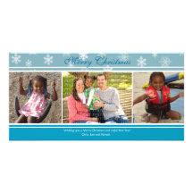 3 Photo Blue Snowflake Christmas Card Customized Photo Card