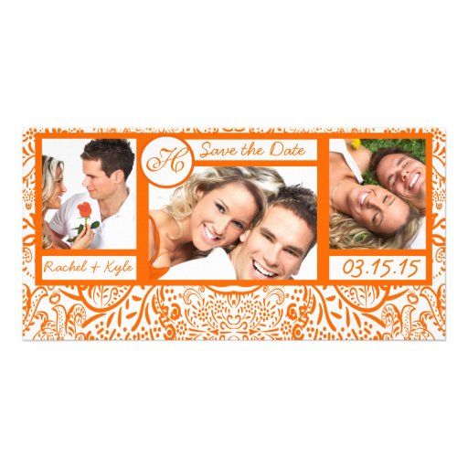 3 Photos Love Birds Orange Damask Save the Date Personalized Photo Card