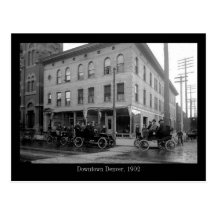 3 vintage automobiles downtown Denver Post Cards