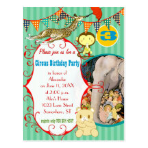 3 Year Old Circus Elephant Monkey Giraffe Party Post Card