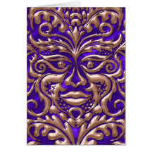 3D Liquid Copper GreenMan Damask on Purple Satin Greeting Cards