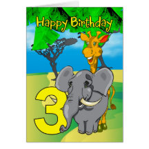 3rd Birthday Card - Elephant, Giraffe, Jungle