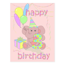 3rd Birthday Elephant Card for Girls Postcard