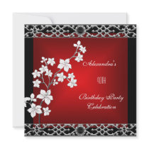 40th Birthday Asian Red Black Floral Silver White Personalized Invites