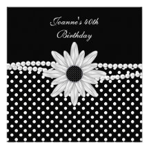 40th Birthday Black White Pearl Flower Spot Invitations