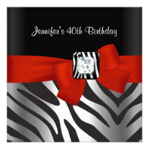 40th Birthday Party Black Zebra Stripe Red Bow Invites