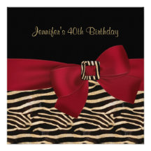 40th Birthday Party Black Zebra Stripe Red Bow Invitations