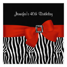 40th Birthday Party Black Zebra Stripe Red Bow Custom Invitations
