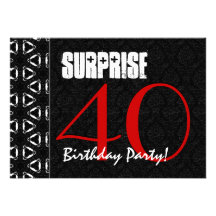 40th Surprise Birthday Red Black White Pattern Invitation