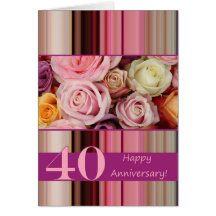 40th Wedding Anniversary Card -Pastel roses stripe