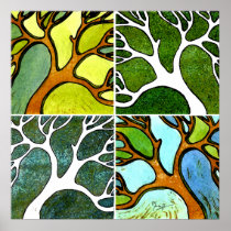 4 Hand Carved Trees in Watercolor and Pen & Ink Posters