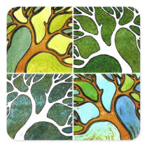 4 Hand Carved Trees in Watercolor and Pen & Ink Stickers