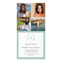 4 Photo collage green wreath monogram graduation photo cards