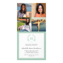 4 Photo collage green wreath monogram graduation Customized Photo Card