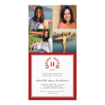 4 Photo collage red wreath monogram graduation Custom Photo Card