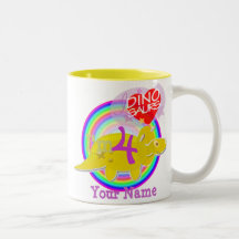4th Birthday Party Yellow Cartoon Dino Name Mug
