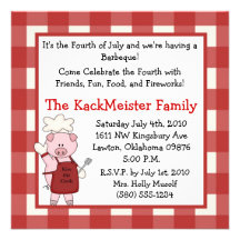 4th of July BBQ invite party fun cute pig picnic