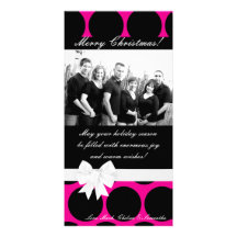 4x8 Hot Pink Black Polka Dot PHOTO Christmas Card Personalized Photo Card