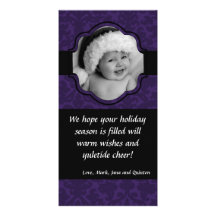 4x8 PurpleDamask Ribbon Frame PHOTO Christmas Card Photo Greeting Card