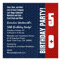 50th Birthday Modern Red White Blue Stars Metallic Custom Invite