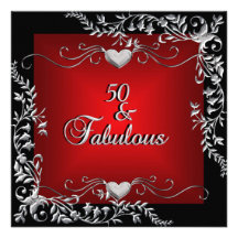 50th Birthday Party Black Bright Deep Red Big Personalized Invitation
