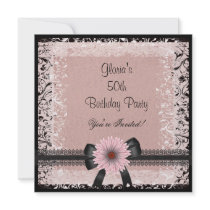 50th Birthday Party Black White Beige Pink Floral Custom Invitation