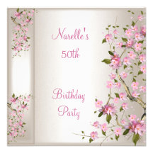 50th Birthday Party Cream Silk Pink Blossom Announcement